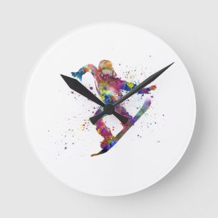 Snowboard in watercolor runde wanduhr