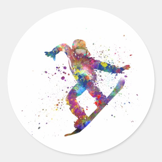 Snowboard in watercolor runder aufkleber (Vorderseite)