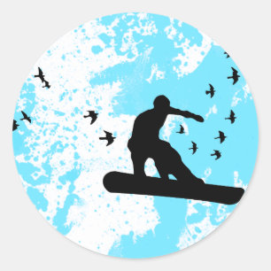 Snowboard mit Vögeln. Runder Aufkleber