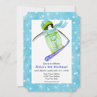 Snowboard Penguin Geburtstagsparty Snowboarden Sch Einladung