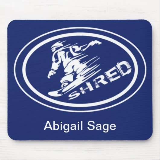 Snowboard "SHRED" Oval Silhouette Snowboarder Tag Mousepad (Vorne)