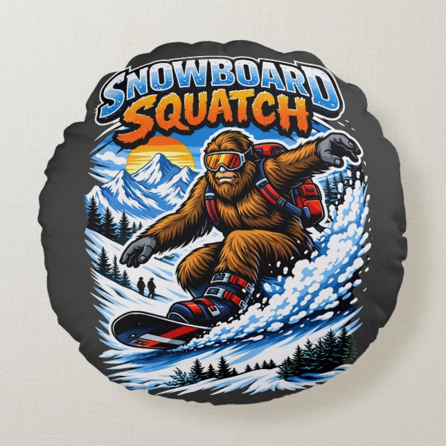 Snowboard Squatch – Funny Bigfoot Snowboarding  Rundes Kissen (Vorderseite)