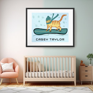 SNOWBOARD Tabby Cat Funny INDIVIDUELLE NAME Kinder Poster