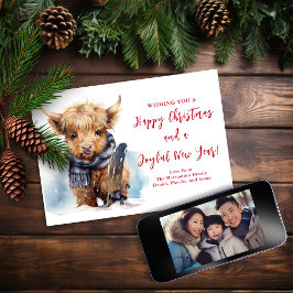 Snowboarden Hochland Kuh Weihnachtsfotokarte Feiertagskarte