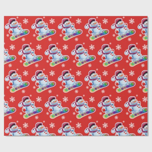 Snowboarden Snowman matt rot Geschenkpapier (Flach)