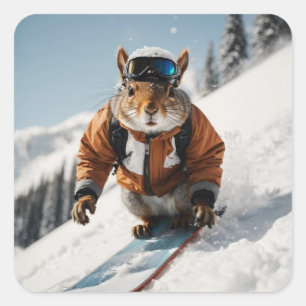 Snowboarder Eichhörnchen Winterzeit Whimsisches Ti Quadratischer Aufkleber
