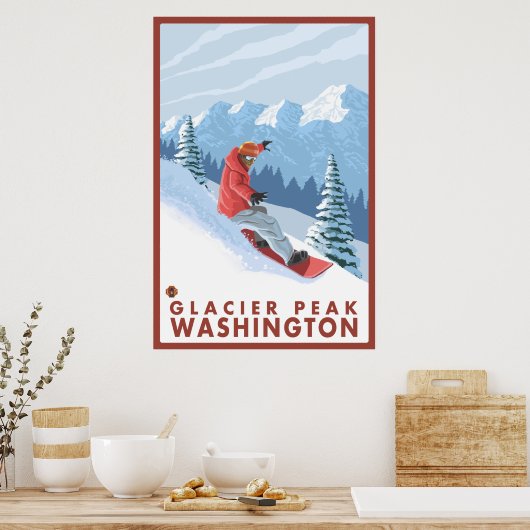 Snowboarder Scene - Glacier Peak, Washington Poster (Küche)