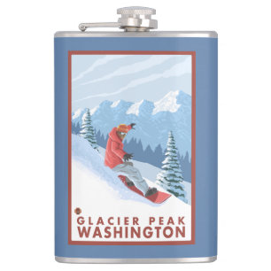 Snowboarder-Szene - Gletscher-Spitze, Washington Flachmann