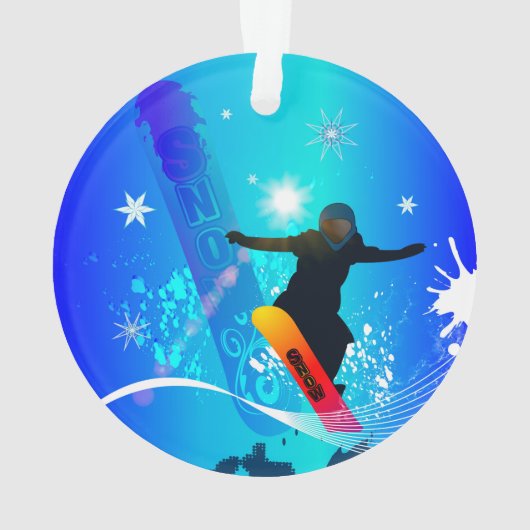 Snowboarding, Snowboarder mit Brett auf blauem Ornament (Rückseite)