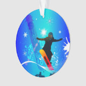 Snowboarding, Snowboarder mit Brett auf blauem Ornament (Vorderseite)