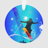 Snowboarding, Snowboarder mit Brett auf blauem Ornament (Vorderseite)