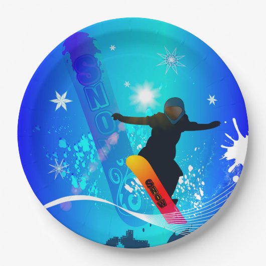 Snowboarding, Snowboarder mit Brett auf blauem Pappteller (Vorderseite)