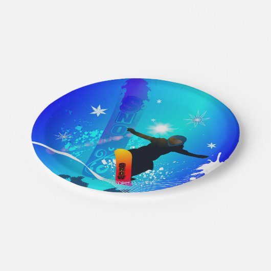 Snowboarding, Snowboarder mit Brett auf blauem Pappteller (Schrägansicht)