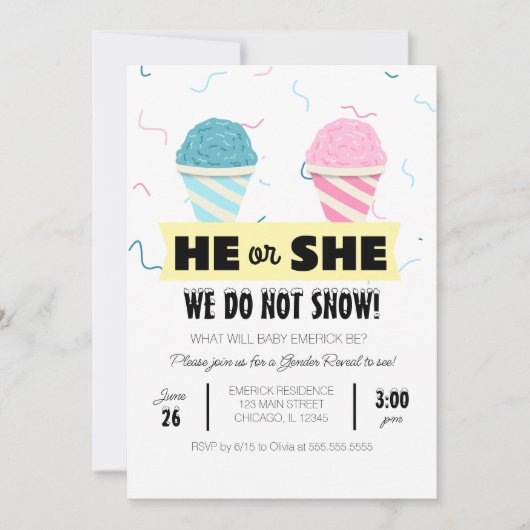 Snowcone Gender Reveal Party Einladung (Vorderseite)