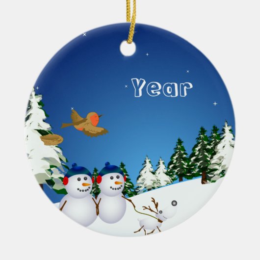 Snowcouple u. Hund Keramik Ornament (Vorne)