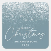 Snowdrift Blue Frost Frost Frohe Weihnachten Quadratischer Aufkleber (Vorderseite)