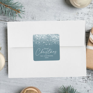Snowdrift Blue Frost Frost Frohe Weihnachten Quadratischer Aufkleber