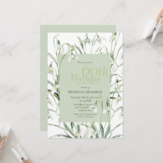 Snowdrop 60th Birthday Watercolor Botanical Green Einladung (Vorderseite/Rückseite Beispiel)