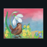 Snowdrop & wren bird & spring postkarte<br><div class="desc">Die eurasische Kette ist ein brauner, erbsenfarbener Gesangvogel. Wir erkennen es durch einen winzigen, dicken Körper mit einem erhöhten Schwanz. Obwohl der kleinste europäische Vogel mit den kürzesten Flügeln, hat er eine sehr starke Stimme. Wir können es in feuchten Wäldern, Gärten, Hecken, in der Nähe von Quellen, Bächen und Sümpfen...</div>