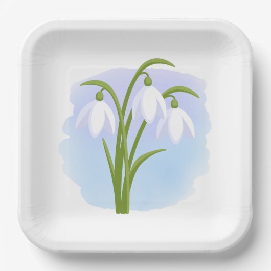 Snowdrops - Frühlingsblumen auf Wasserfarbe Blau Pappteller (Vorderseite)