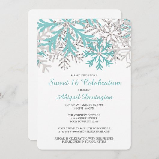 Snowflake Aquamarin Blue Silver Winter Sweet 16 Ei Einladung (Vorne/Hinten)
