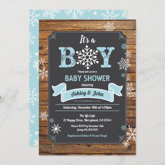 Snowflake Baby Boy Dusche rustikale Holzklatsche Einladung (Vorne/Hinten)
