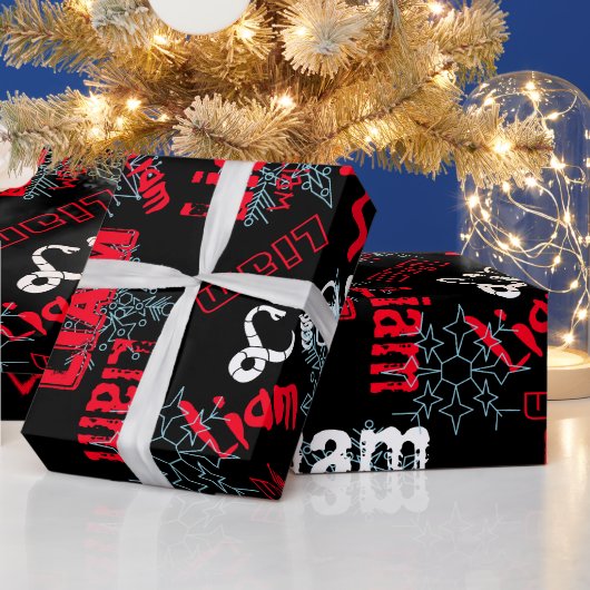 Snowflake Black Gift Wrap Name ändern Rot, weiß Geschenkpapier (Feiertage)