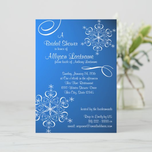 Snowflake Blue Brautparty Einladung (Stehend Vorderseite)
