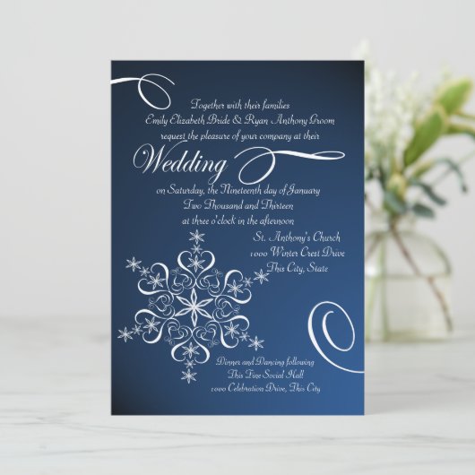 Snowflake Blue Elegance Einladung (Stehend Vorderseite)