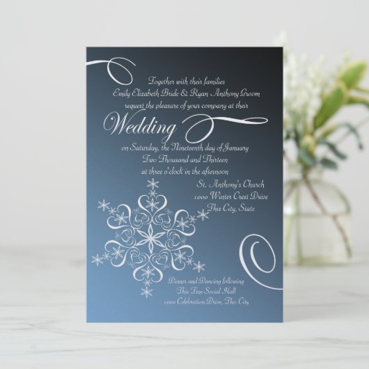 Snowflake Blue Elegance Einladung (Stehend Vorderseite)