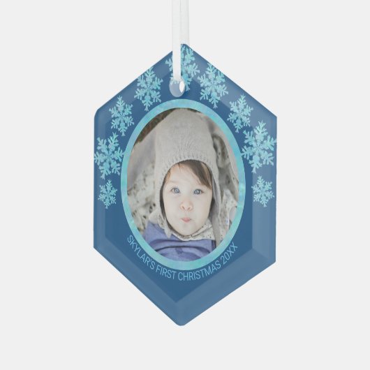 Snowflake Blue Opal Chic Runde Foto Weihnachten Ornament Aus Glas (Vorderseite Links)