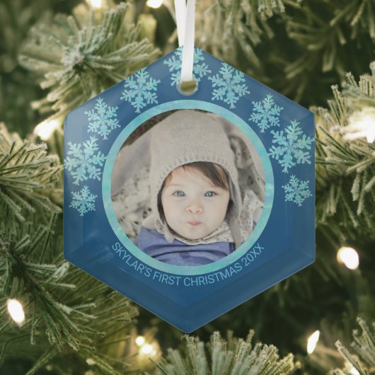 Snowflake Blue Opal Chic Runde Foto Weihnachten Ornament Aus Glas (Insitu)