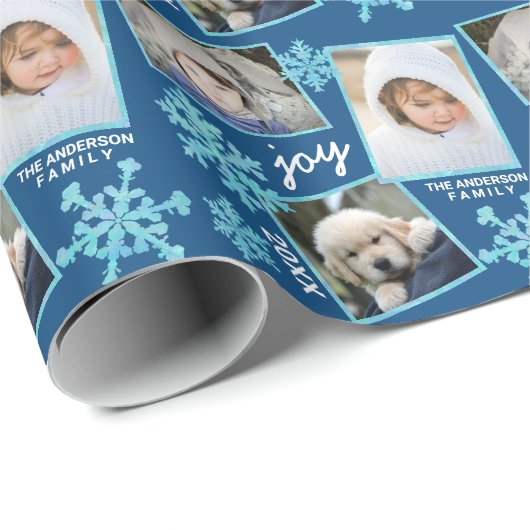 Snowflake Blue Opal Elegante Weihnachten 3 Foto Geschenkpapier (Rolleneckpunkt)