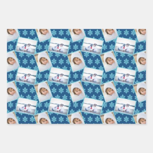 Snowflake Blue Opal Pinstripes 3 Foto Weihnachten Geschenkpapier Set (Vorderseite)