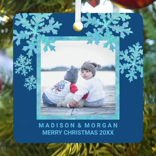 Snowflake Blue Opal Stilvolles zweiseitiges Foto Ornament Aus Metall