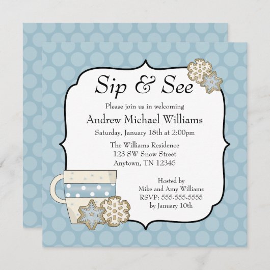 Snowflake Blue Polka Dot Sip und See Einladung (Vorne/Hinten)