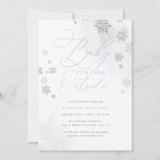 Snowflake Blue & Silver Glitzer Winter Baby Dusche Einladung (Vorderseite)