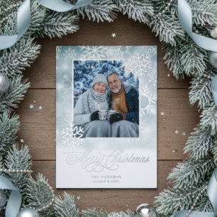 Snowflake Blue & White Foto Frohe Weihnachten Folien Feiertagskarte