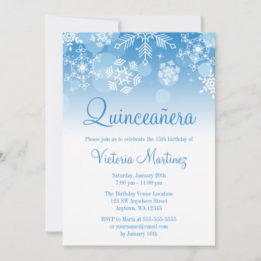 Snowflake Blue White Winter Wonderland Quinceanera Einladung (Vorderseite)