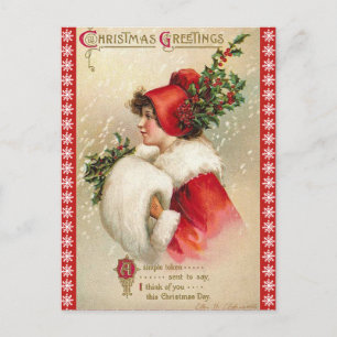 Snowflake Border Christmas Girl in Red Vintag Feiertagspostkarte