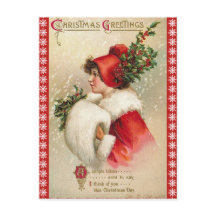Snowflake Border Christmas Girl in Red Vintag