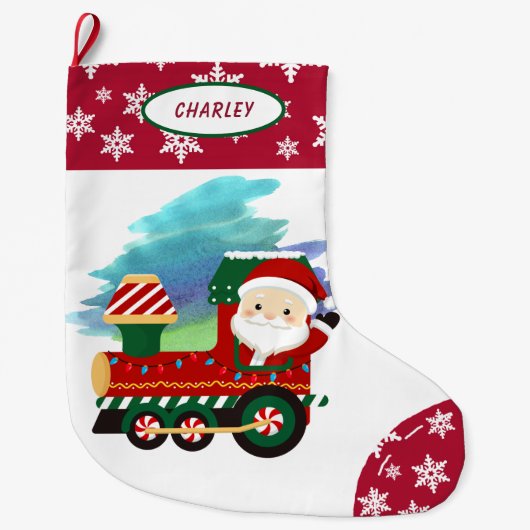 Snowflake Border Santa Claus Locomotive Großer Weihnachtsstrumpf (Vorderseite)
