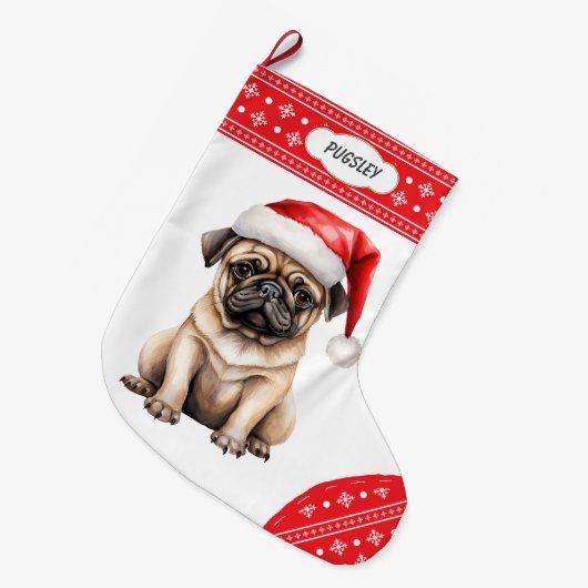 Snowflake Border Santa Mops Großer Weihnachtsstrumpf (Vorderansicht (hängend))