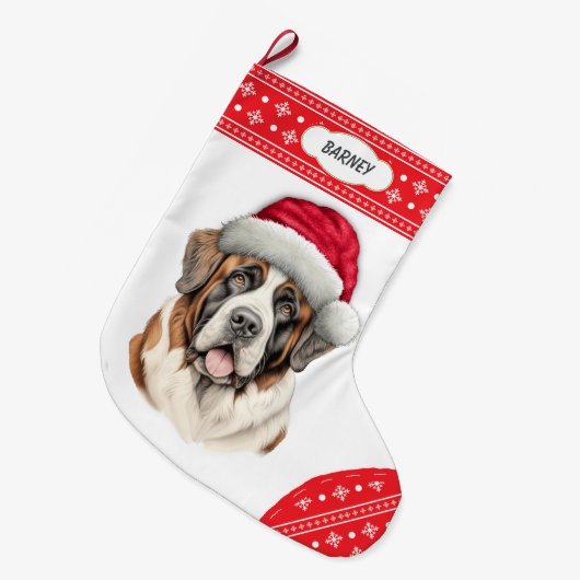 Snowflake Border Weihnachtsmannmütze St Bernard Do Großer Weihnachtsstrumpf (Vorderansicht (hängend))