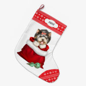 Snowflake Border Yorkie Überraschung Großer Weihnachtsstrumpf (Vorderansicht (hängend))
