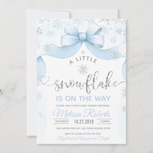 Snowflake Bow baby shower Einladung (Vorderseite)