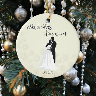 Snowflake Bride Groom Just Married Mr Mrs Date Keramik Ornament