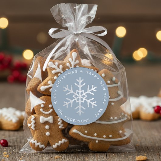 Snowflake Christmas Dusty Blue Elegant Faux Silver Runder Aufkleber