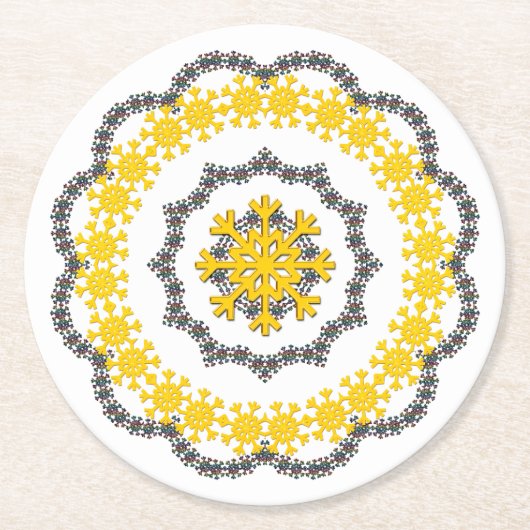 Snowflake Circle Holiday Gold RedGreen White Lacey Runder Pappuntersetzer (Vorderseite)