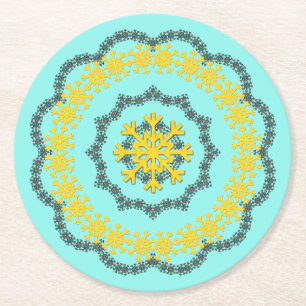 Snowflake Circle Holiday Lacey Gold auf Grün Runder Pappuntersetzer